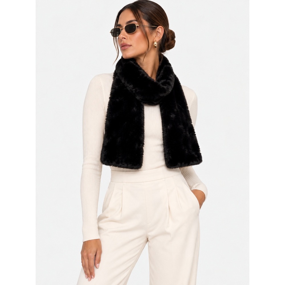 Melifluos Black Faux Fur Scarf Soft Plush Winter Spain 6.5 X 42 NWT New